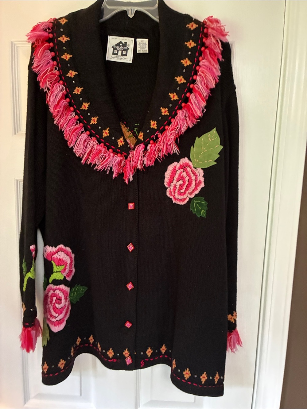 Storybook Knits Black Cardigan Sweater with Pink Rose Embroidery and Fringe 2X